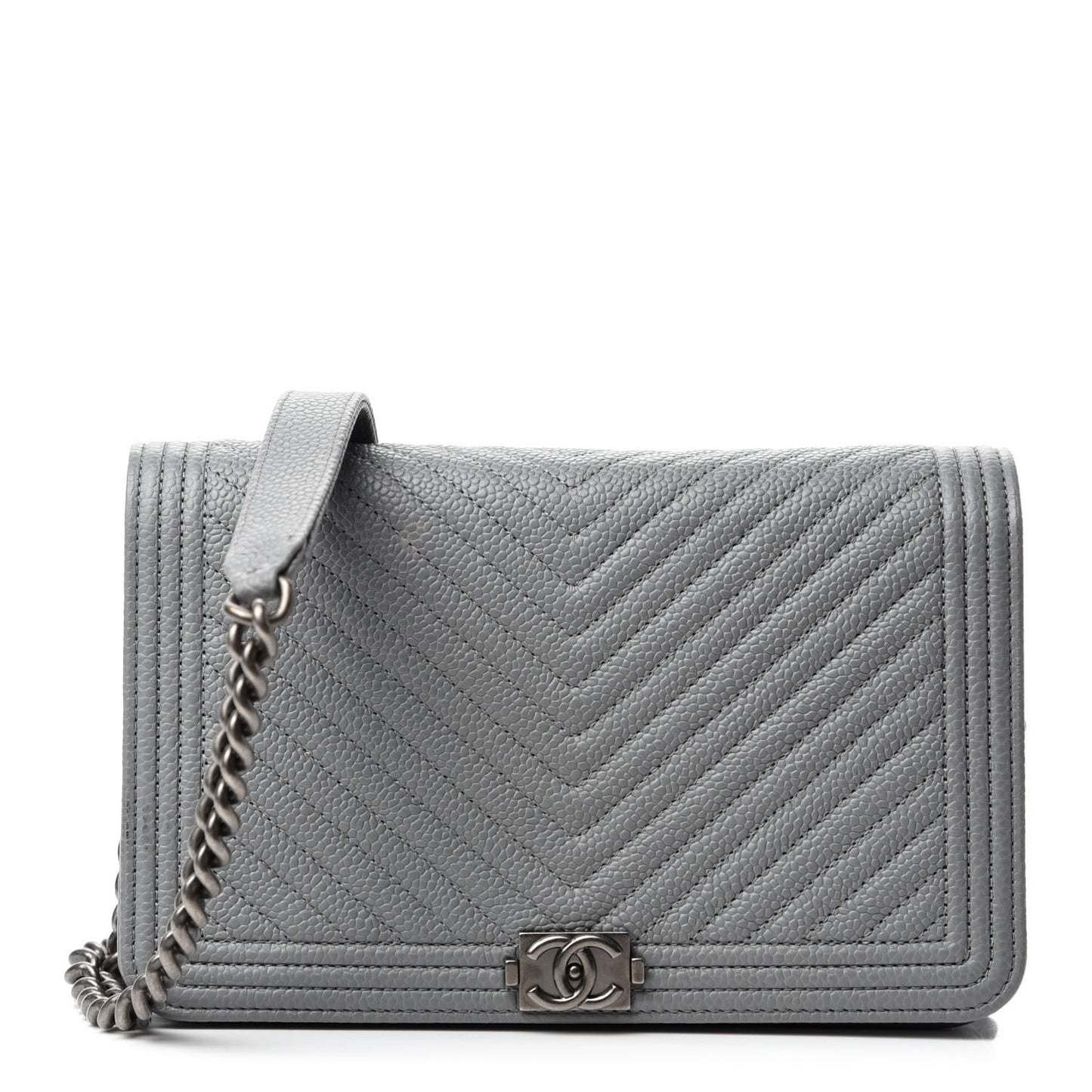 Caviar Chevron Quilted Boy Wallet On Chain WOC Grey