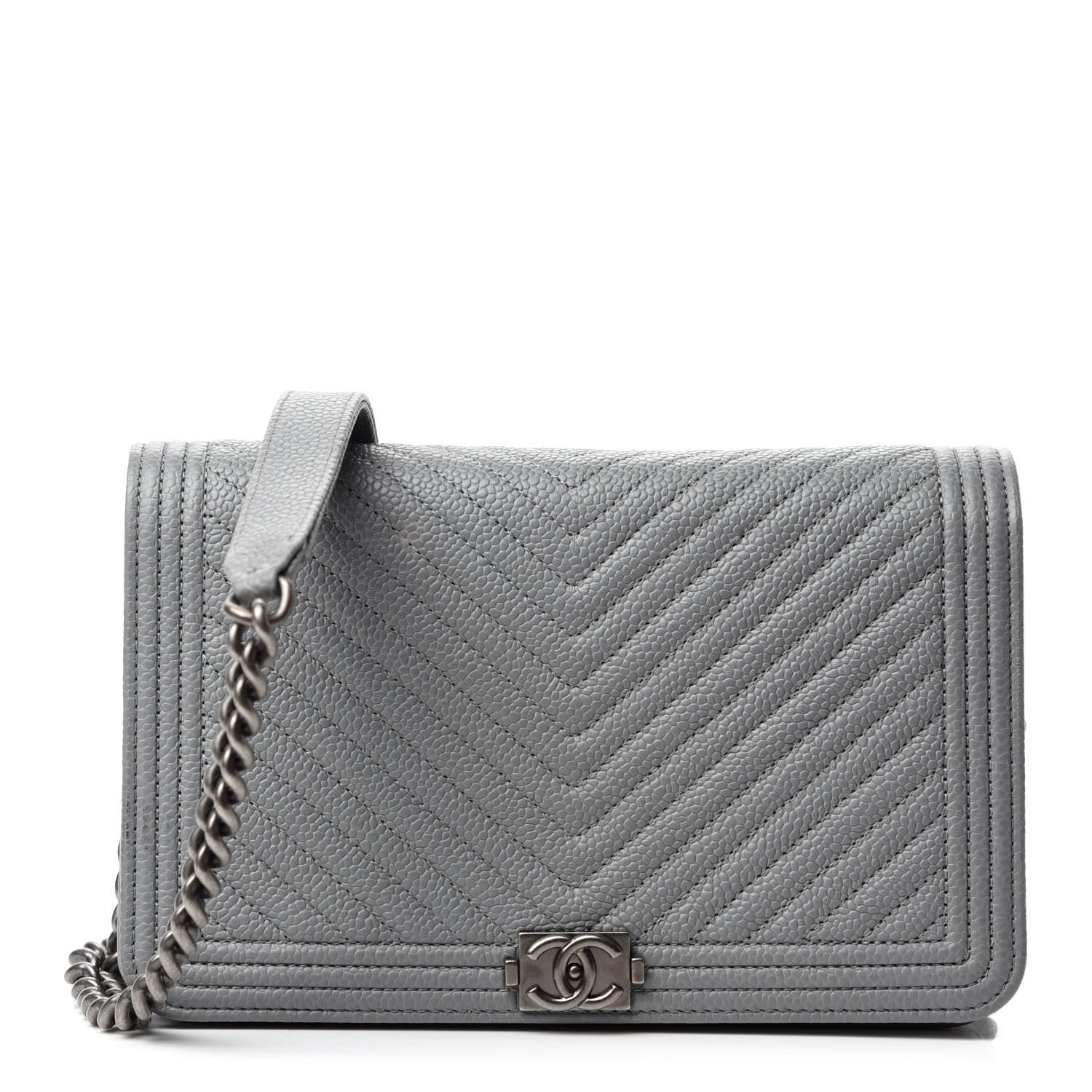 Chanel Caviar Chevron Quilted Boy Wallet On Chain WOC Grey 1 of 13