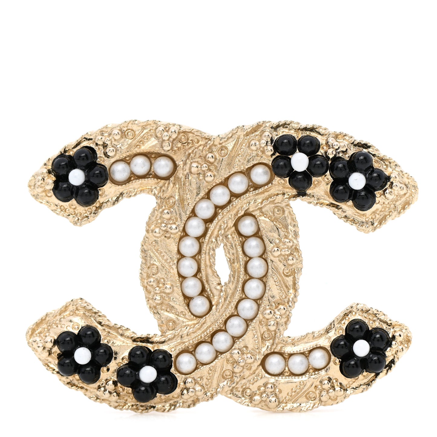 Pearl Resin Flower CC Brooch Black Gold