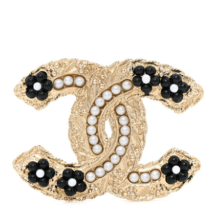 Chanel Pearl Resin Flower CC Brooch Black Gold 1 of 5