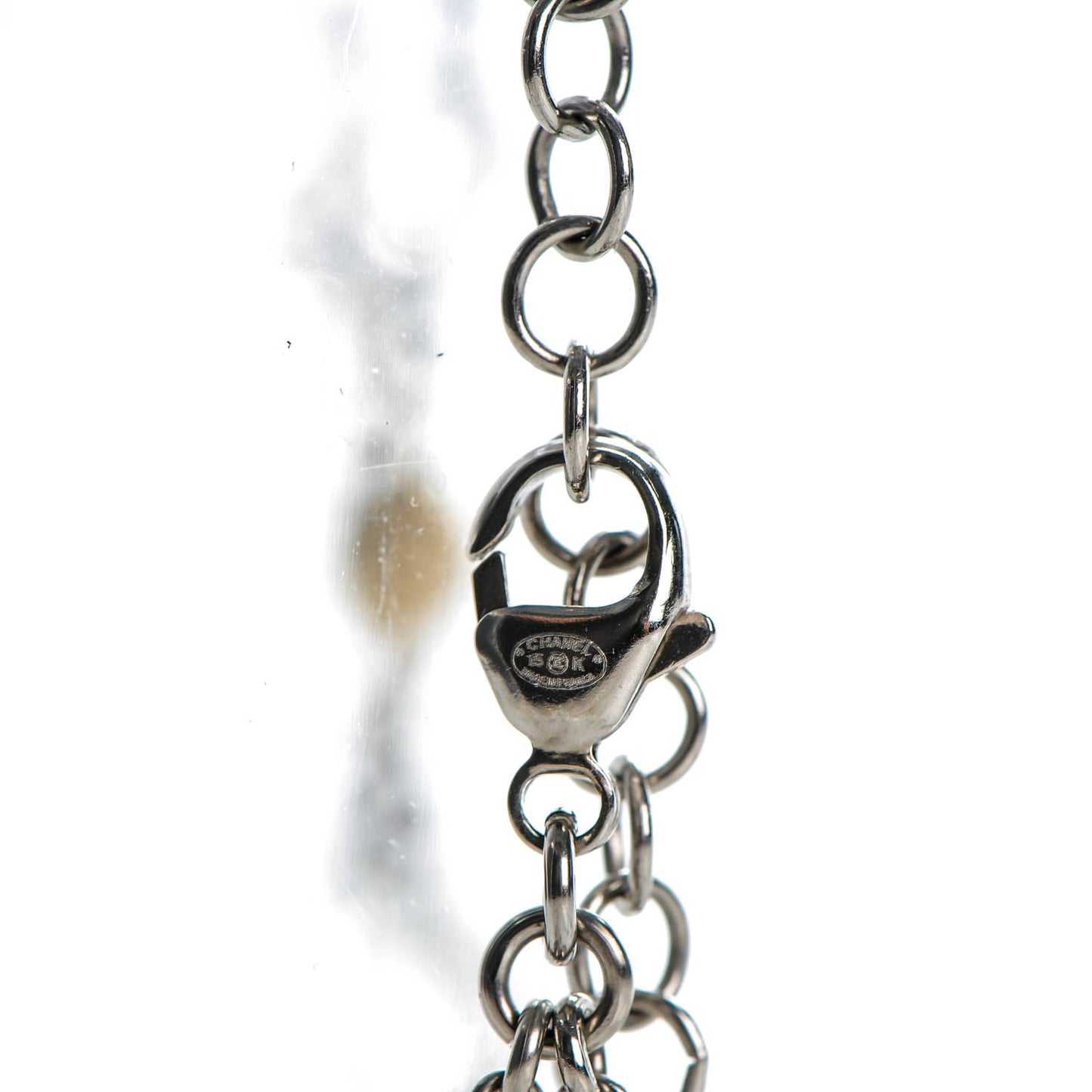 Crystal Glass Beaded CC Long Necklace Silver