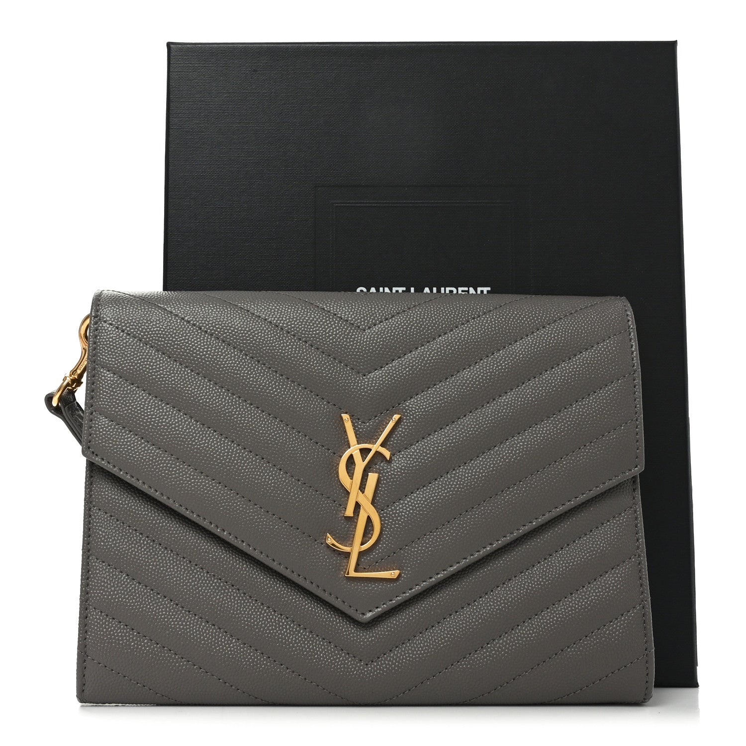 Saint Laurent Grain De Poudre Matelasse Chevron Monogram Envelope Clutch Fog 11 of 11