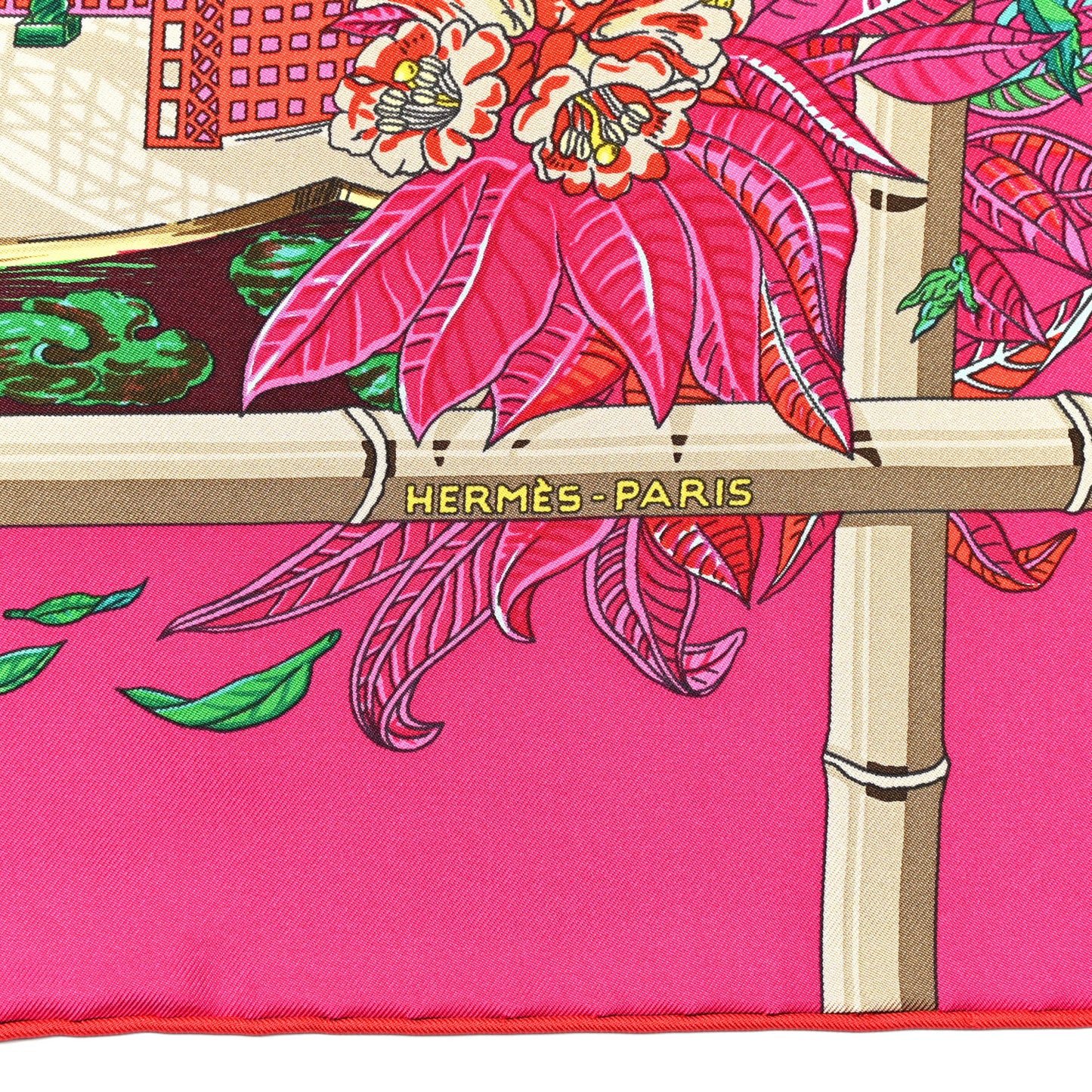 Silk Jardins D Hiver Scarf 90 Rose Vif Vert Creme