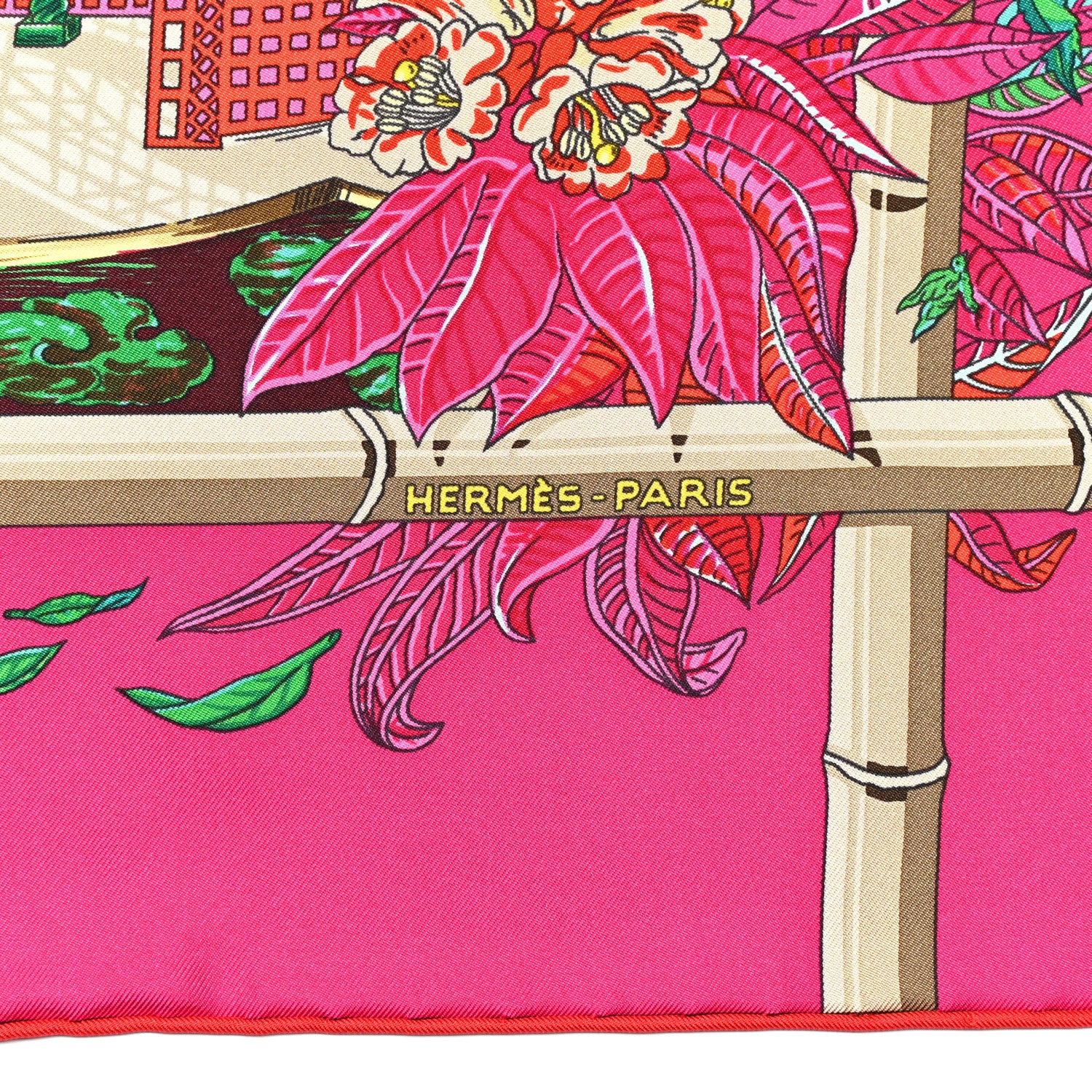 Hermes Silk Jardins D Hiver Scarf 90 Rose Vif Vert Creme 3 of 5