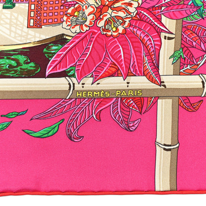 Hermes Silk Jardins D Hiver Scarf 90 Rose Vif Vert Creme 3 of 5