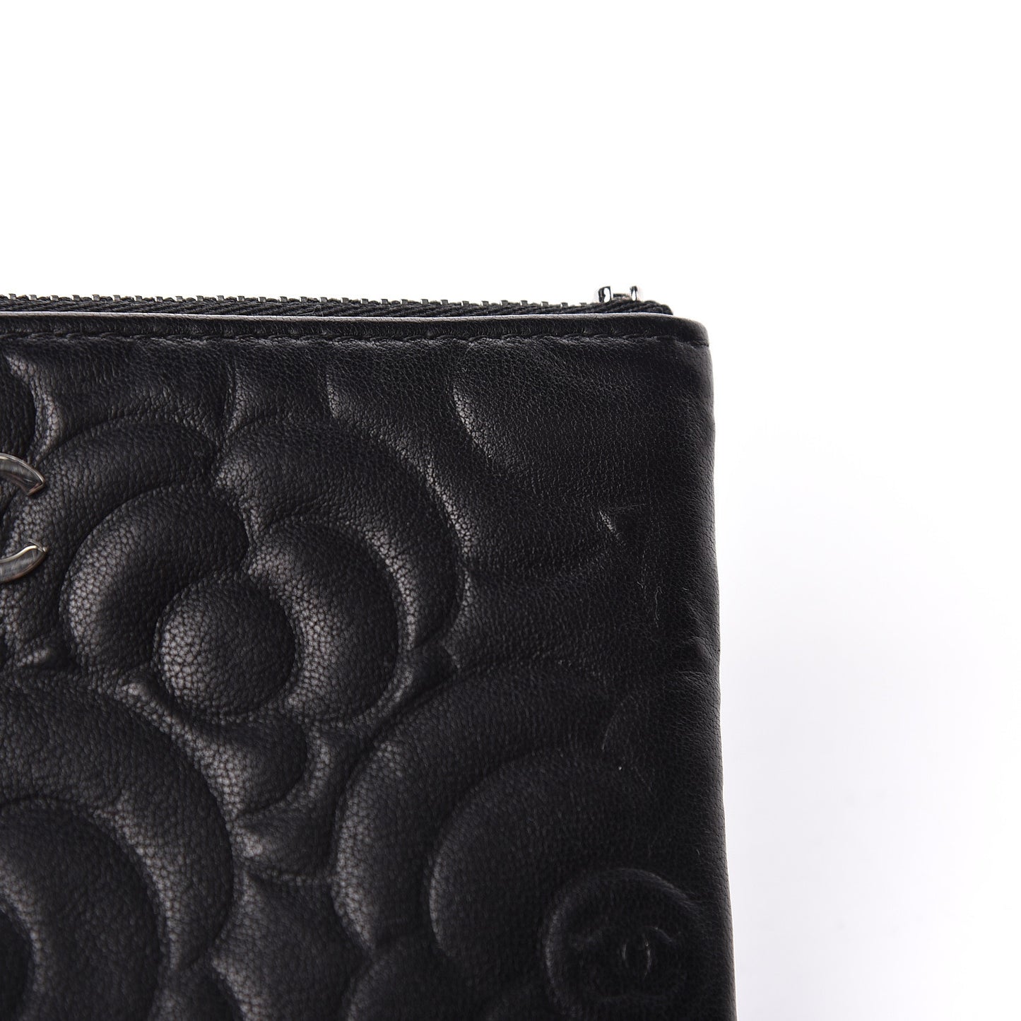 Goatskin Camellia Embossed Cosmetic Pouch Black