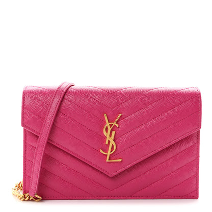 Saint Laurent Grain De Poudre Matelasse Chevron Monogram Envelope Chain Wallet Fuxia Couture 1 of 12