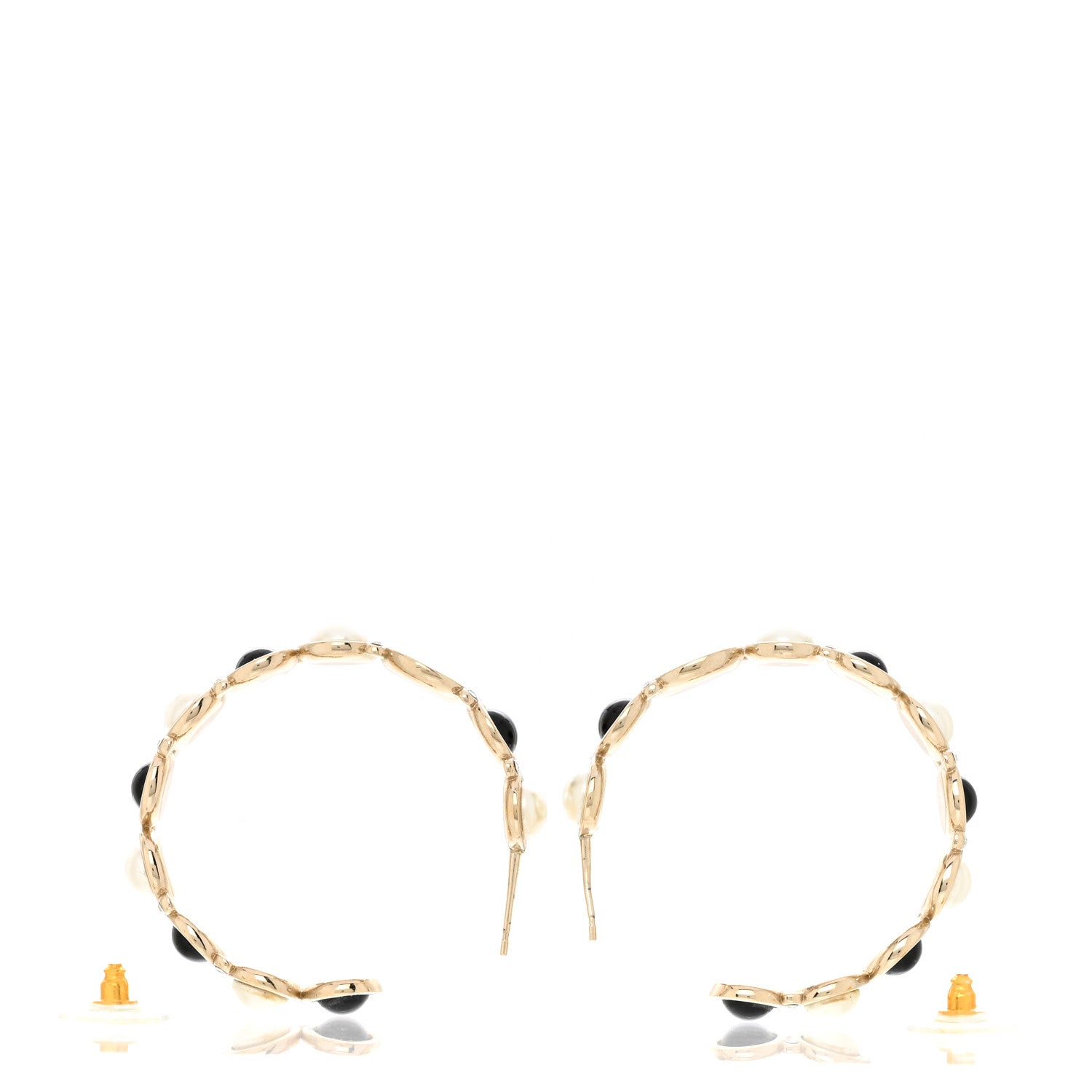 Chanel Crystal Pearl Metal Resin Polka Dot Hoop Earrings Gold Black 3 of 9
