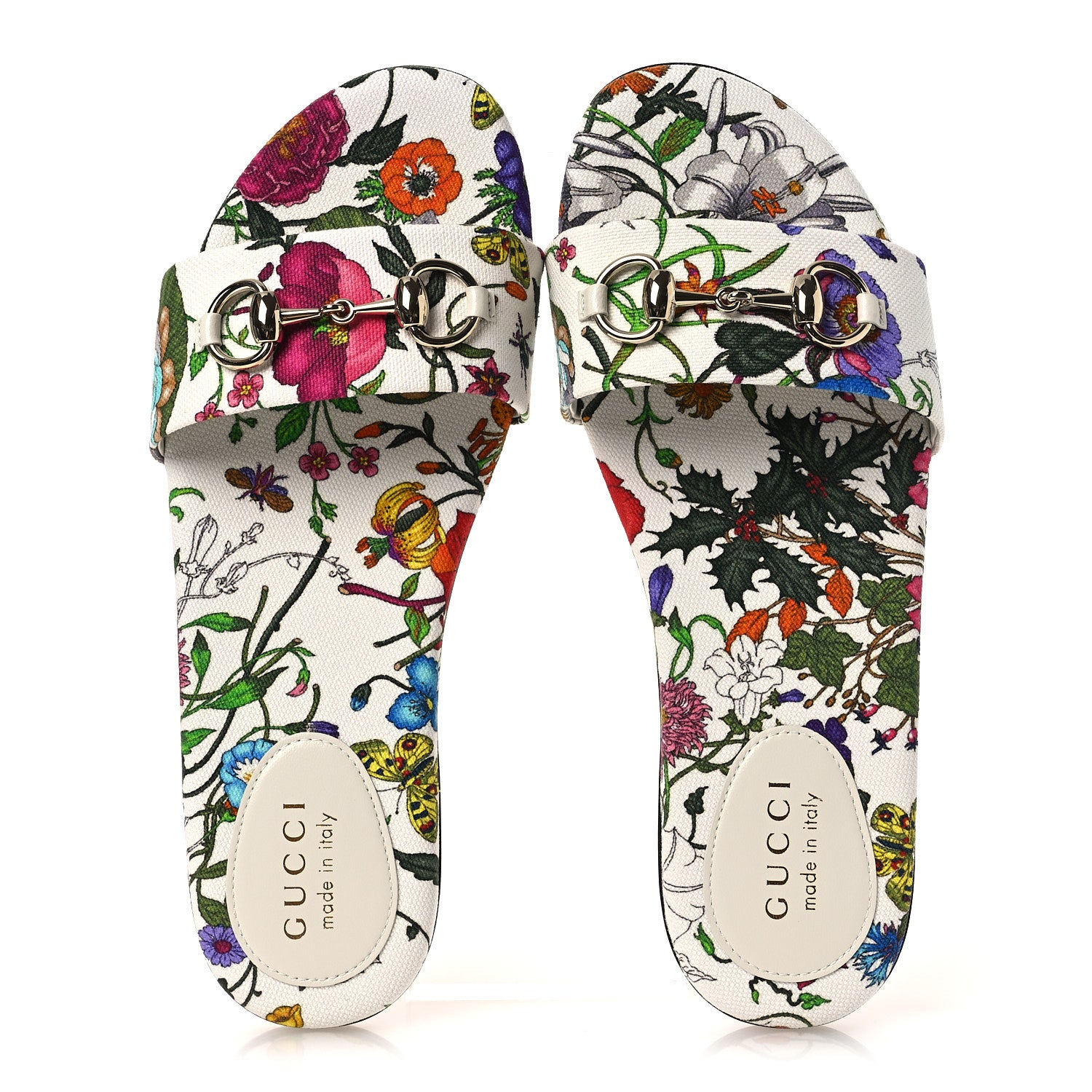 Gucci Canvas Flora Print Horsebit Slide Sandals 38 White 2 of 11