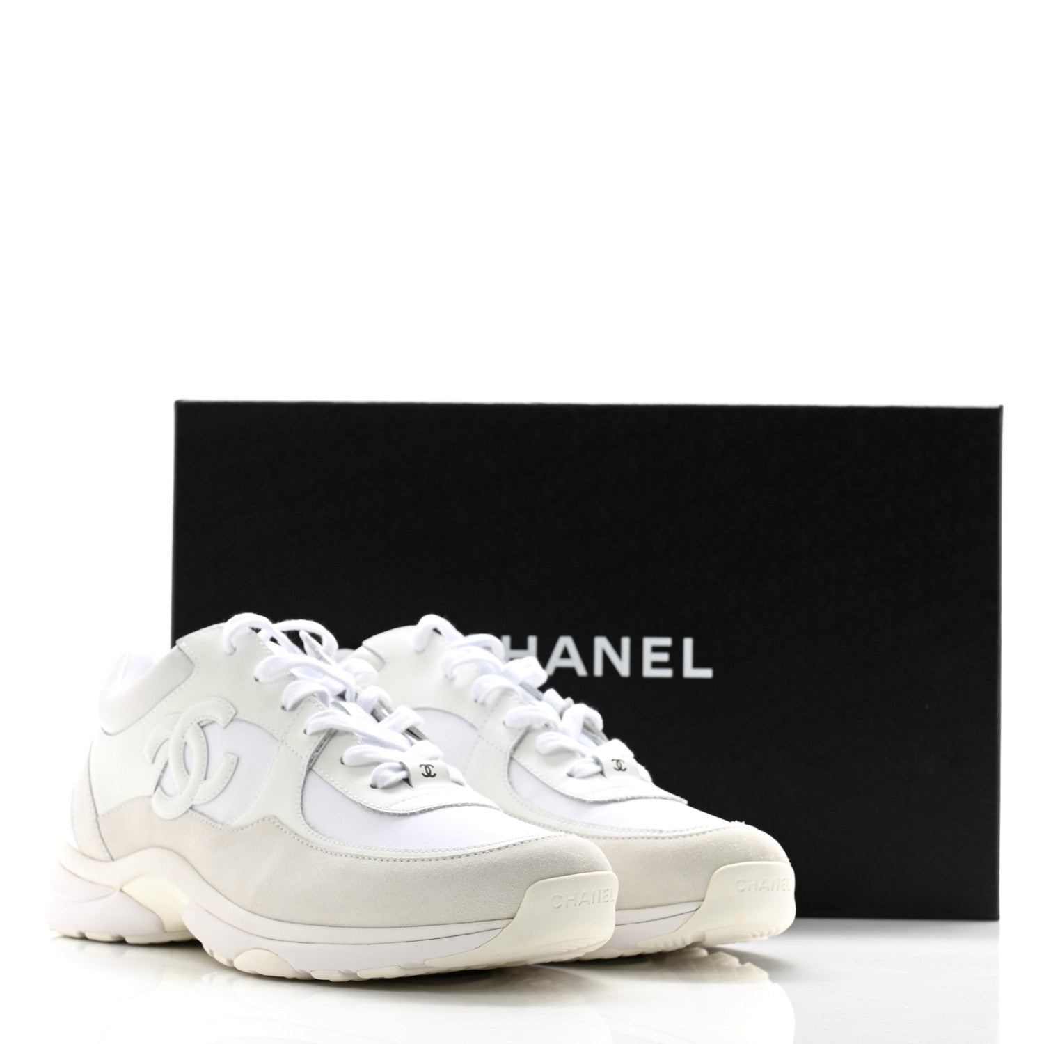 Chanel Suede Calfskin Fabric Mens CC Sneakers 45 White 10 of 10