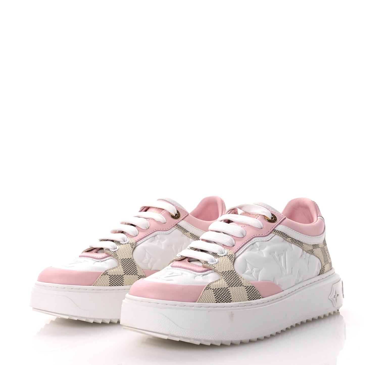 Monogram Embossed Calfskin Damier Azur Time Out Sneakers 37.5 Rose Clair Pink