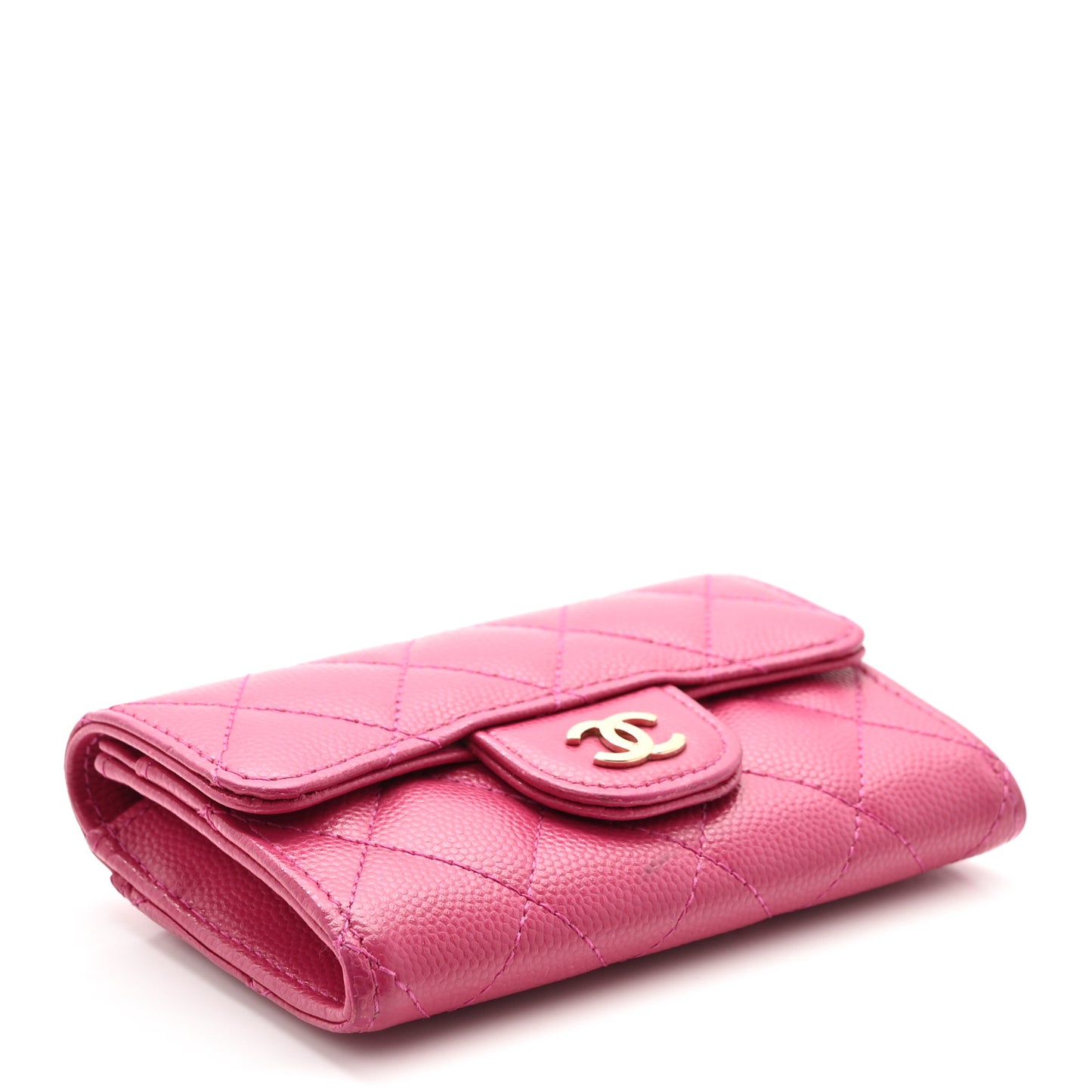 Caviar Quilted Flap Card Holder Wallet Dark Pink