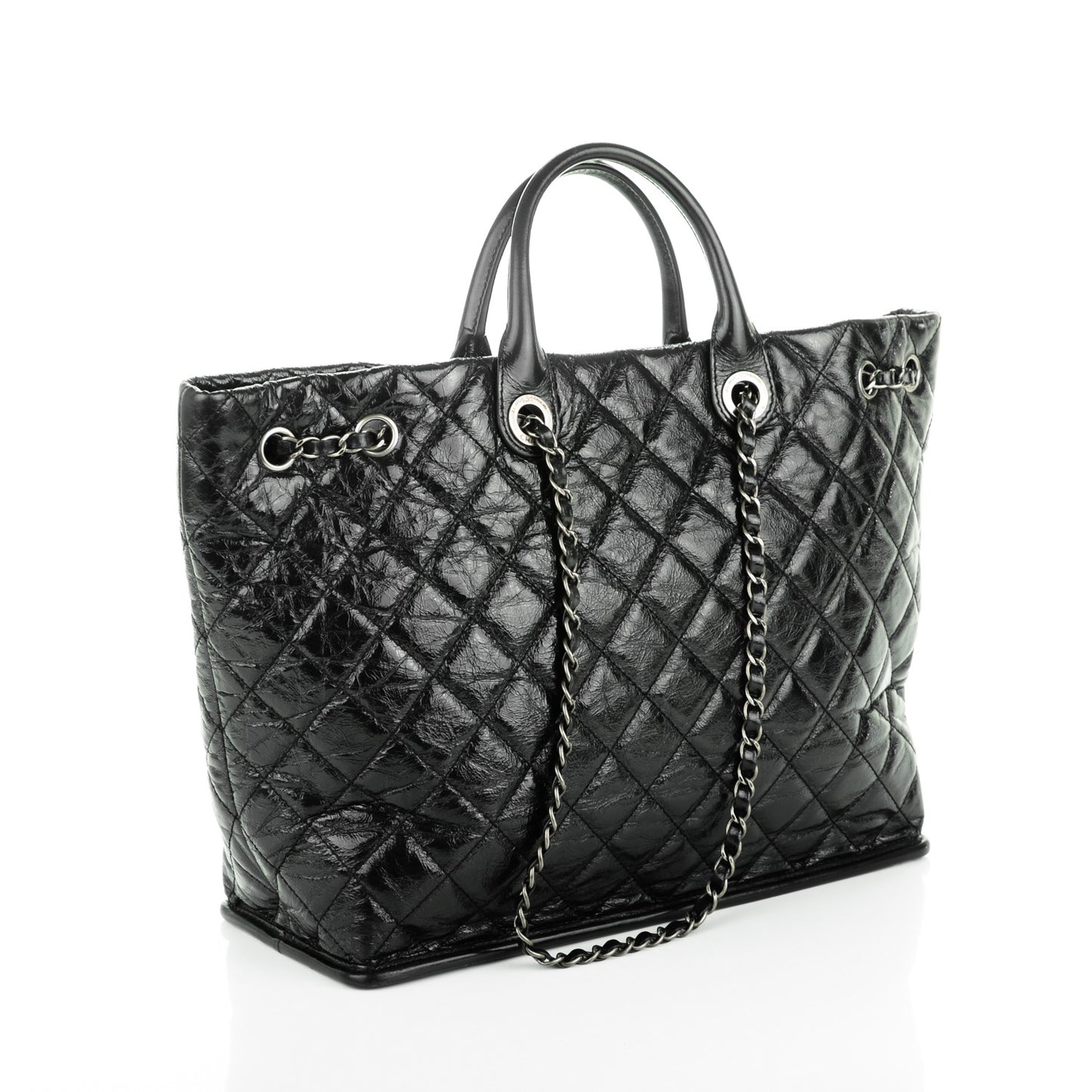Glazed Calfskin Quilted Drawstring Shopping Tote Black