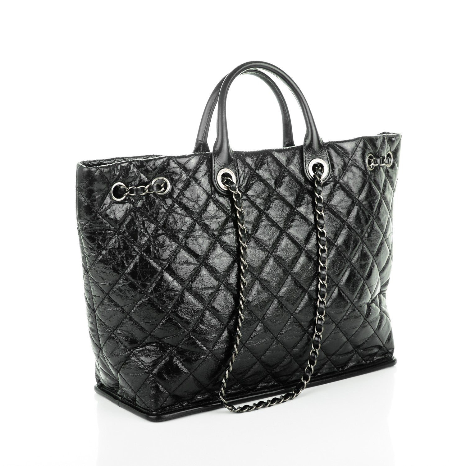 Chanel Glazed Calfskin Quilted Drawstring Shopping Tote Black 3 of 7
