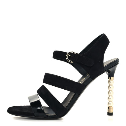Chanel Kid Suede Pearl Sandals 37.5 Black 1 of 8