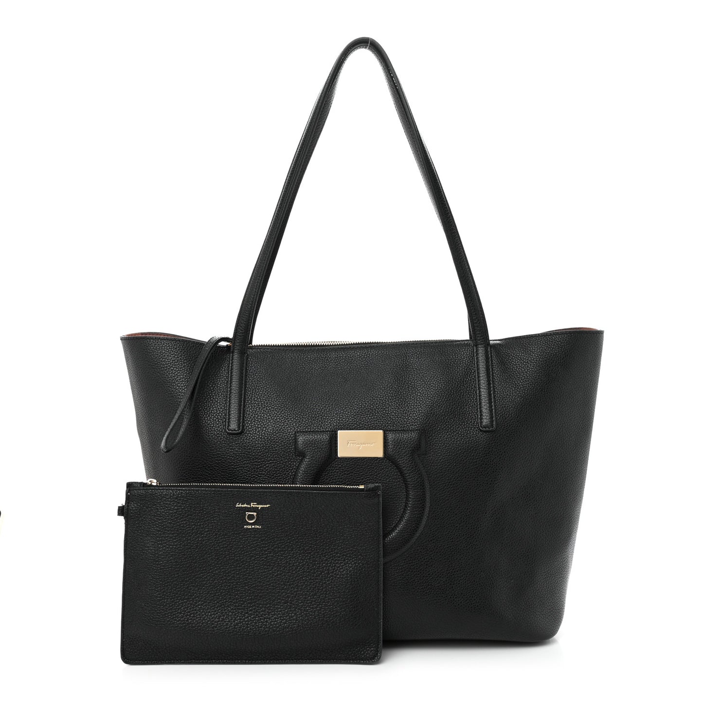 Grainy Calfskin Medium Gancini Tote Black