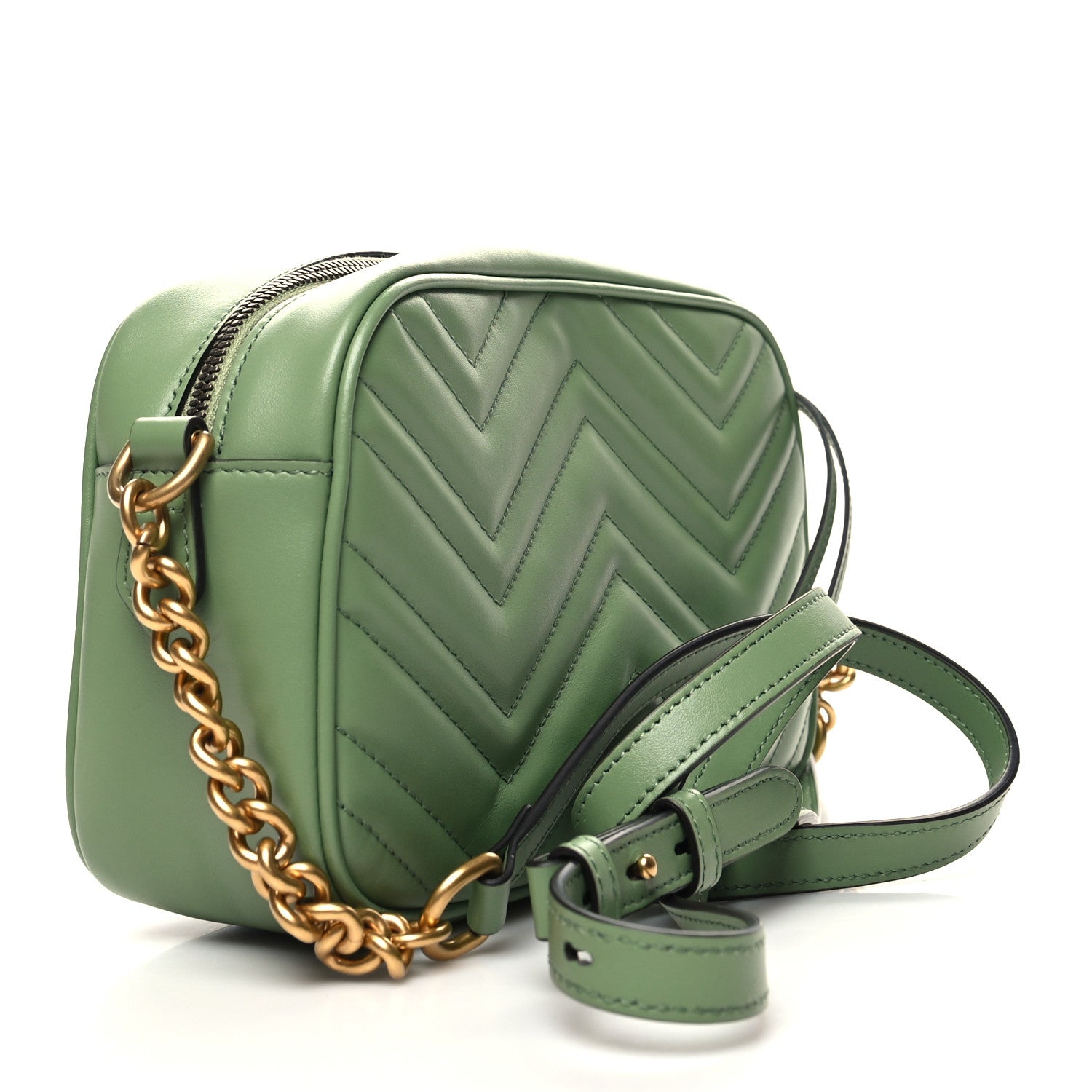 Gucci Calfskin Matelasse Chevron Small GG Marmont Chain Shoulder Bag Salamander Green 3 of 10