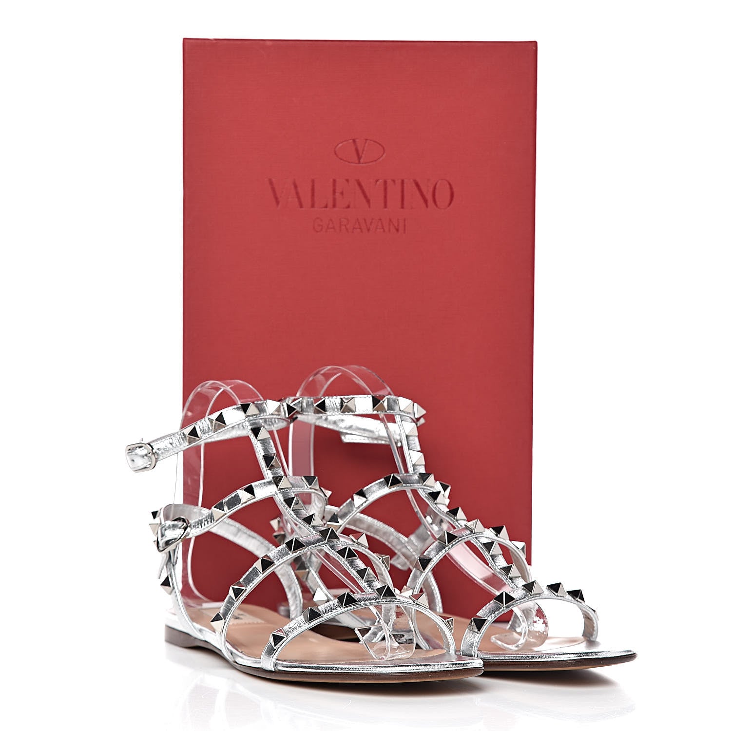 Valentino Garavani Metallic Nappa Rockstud Gladiator Flat Sandals 37 Silver 12 of 12