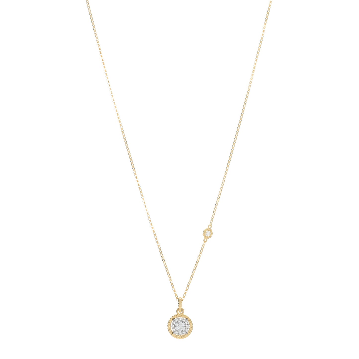 18K Yellow White Gold Diamond New Barocco Round Pendant Necklace