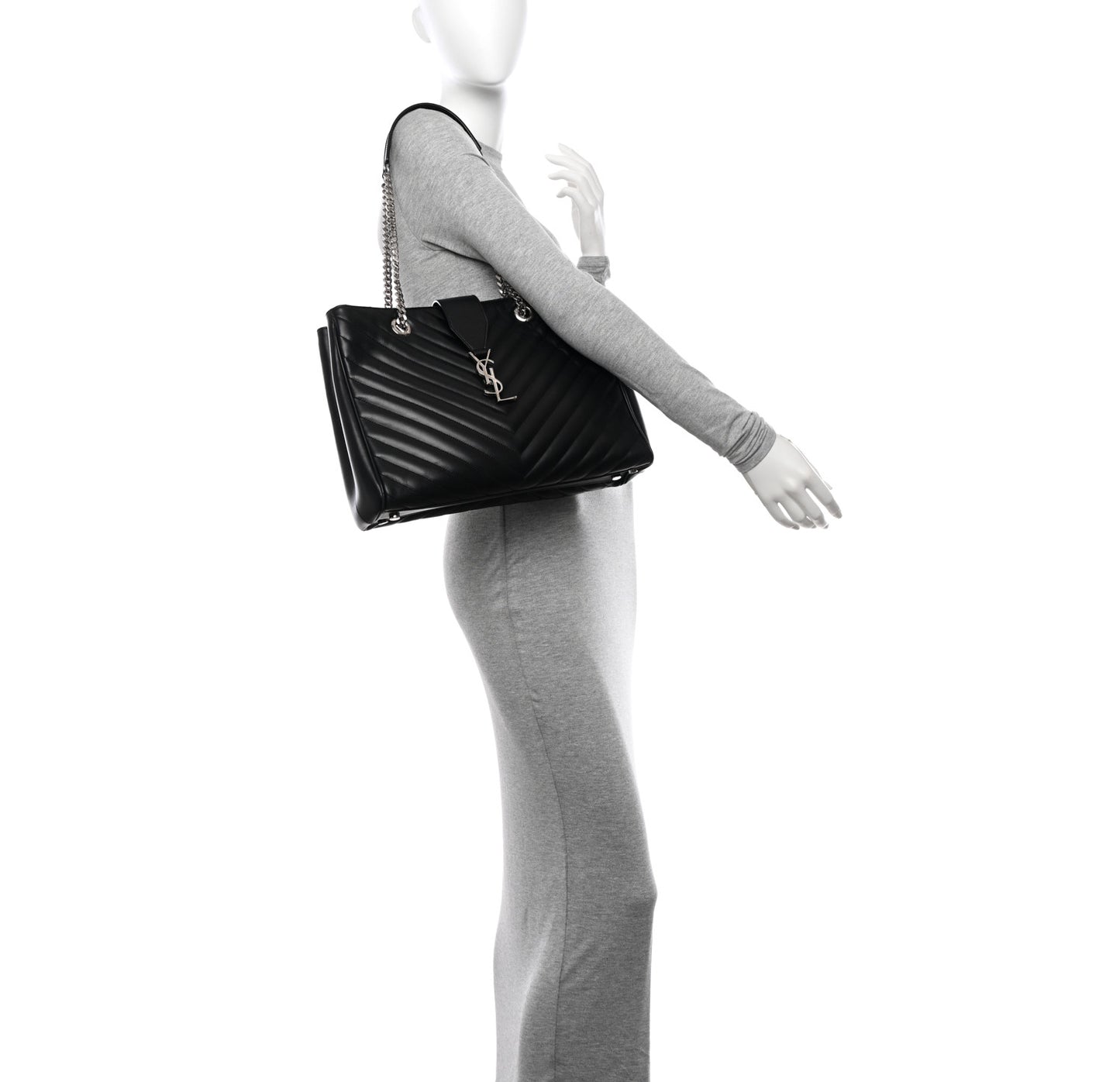 Smooth Calfskin Matelasse Chevron Large Monogram Shopping Bag Black