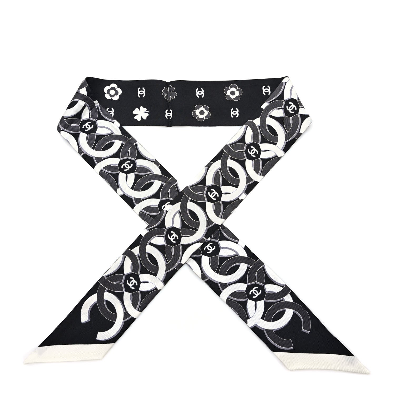 Chanel Silk Clover CC Slim Bandeau Scarf Black White 1 of 4