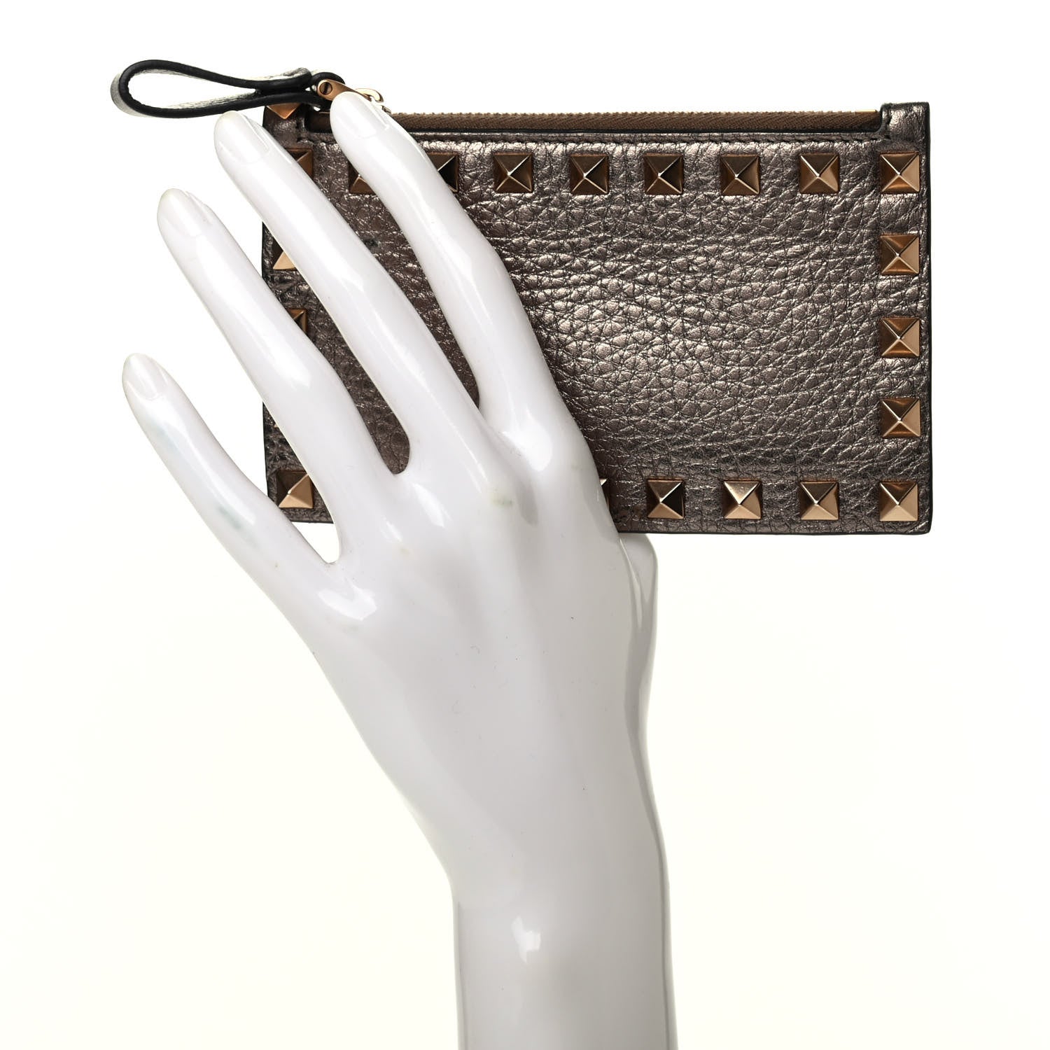 Valentino Garavani Pebbled Calfskin Rockstud Coin Case Card Holder Sasso 2 of 8