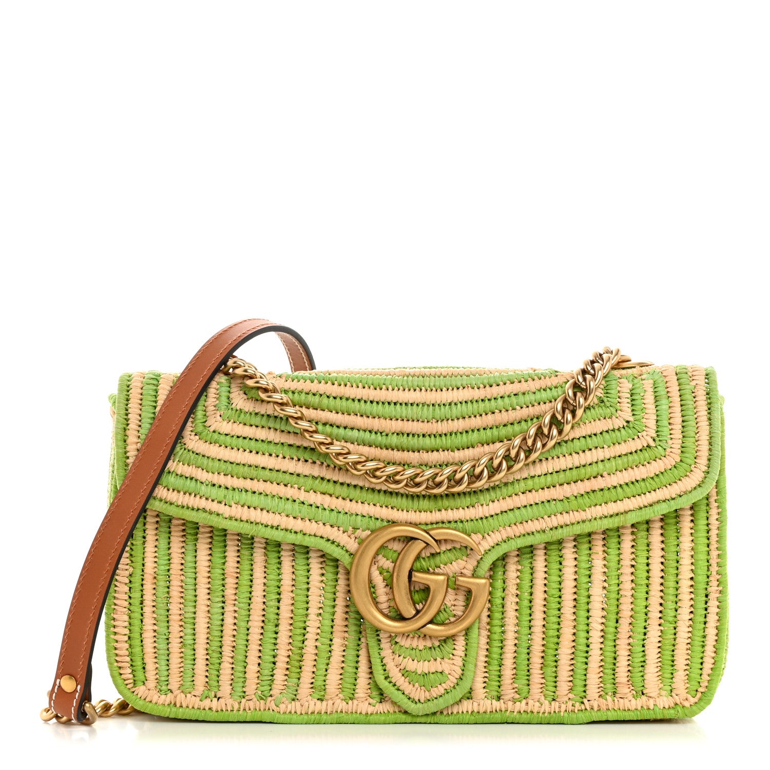 Gucci Raffia Woven Small GG Marmont Shoulder Bag Natural Light Green 1 of 9