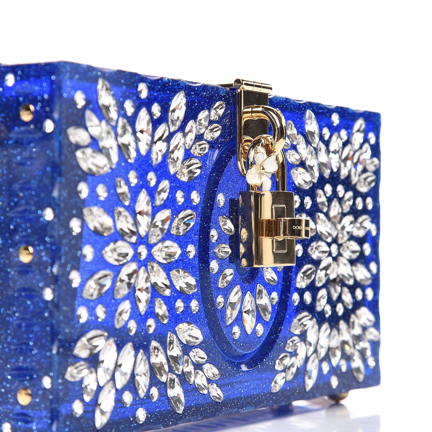 Crystal Embellished Plexiglass Dolce Box Clutch Blue