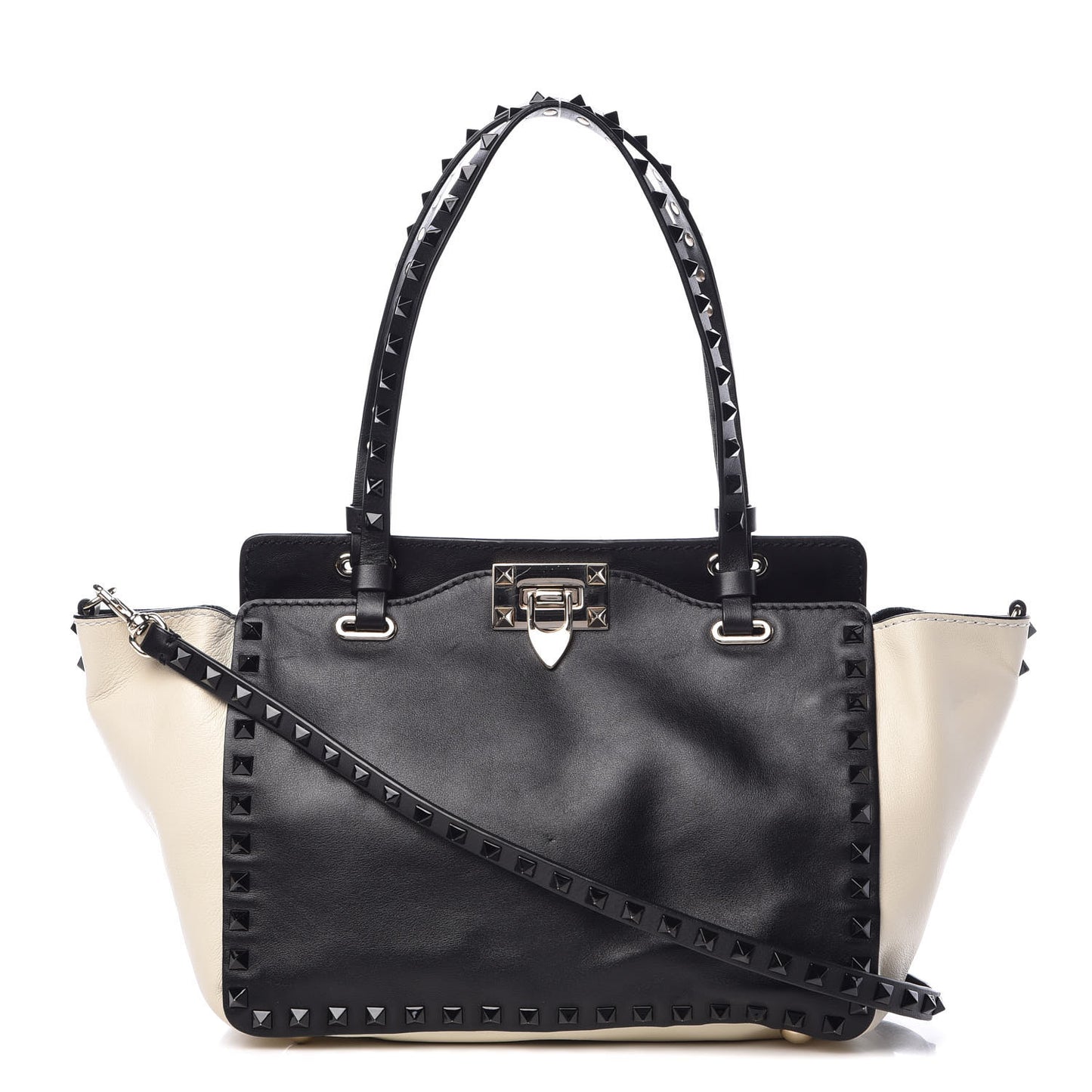 Vitello Monochrome Small Rockstud Tote Black Light Ivory