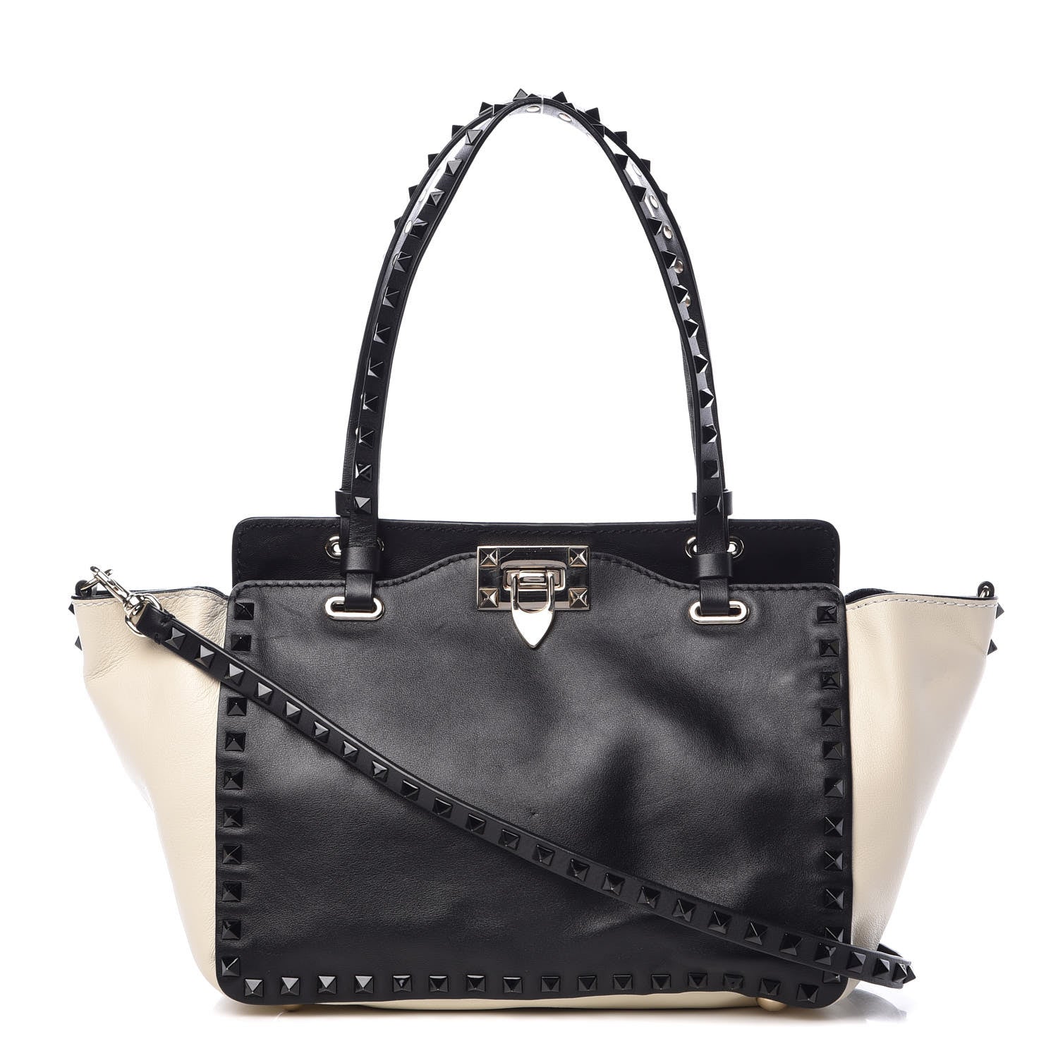 Valentino Garavani Vitello Monochrome Small Rockstud Tote Black Light Ivory 1 of 14
