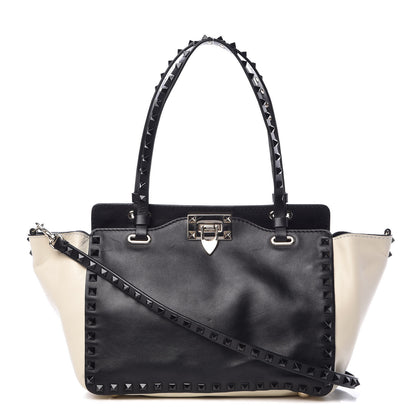 Valentino Garavani Vitello Monochrome Small Rockstud Tote Black Light Ivory 1 of 14