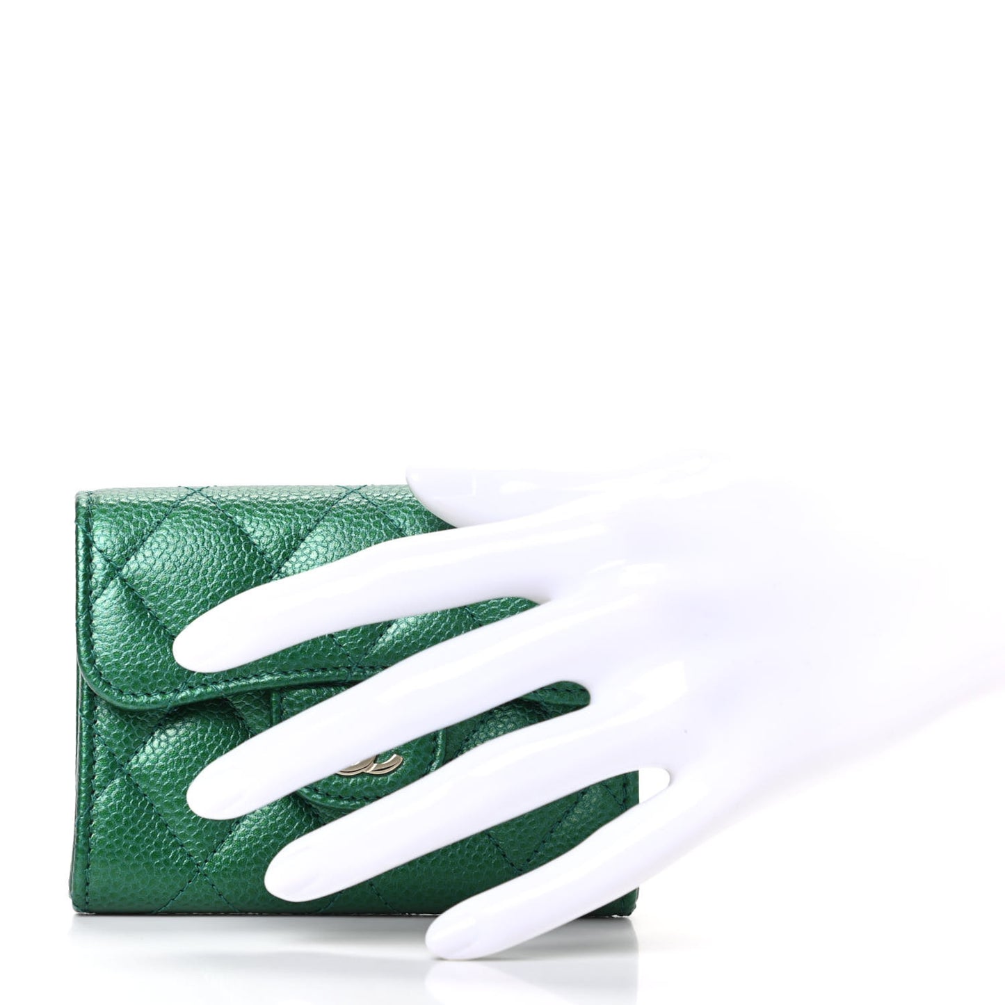 Metallic Caviar Quilted Card Holder Wallet Green