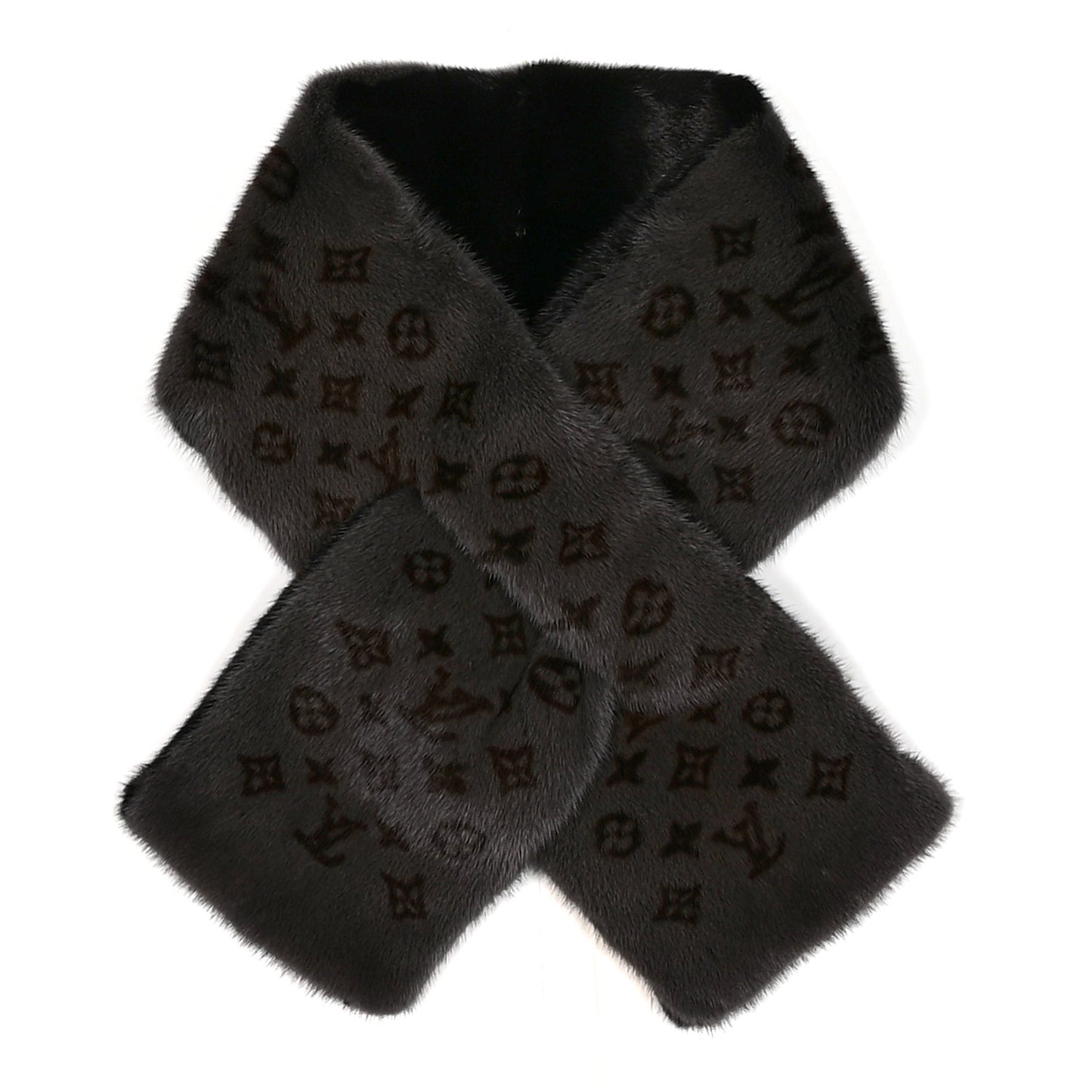 Monogram Reverse Mink Fur Scarf Stole Wrap Black