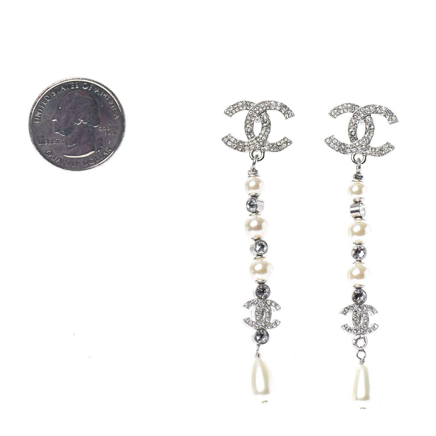 Chanel Crystal Pearl CC Drop Earring Silver 2 of 4