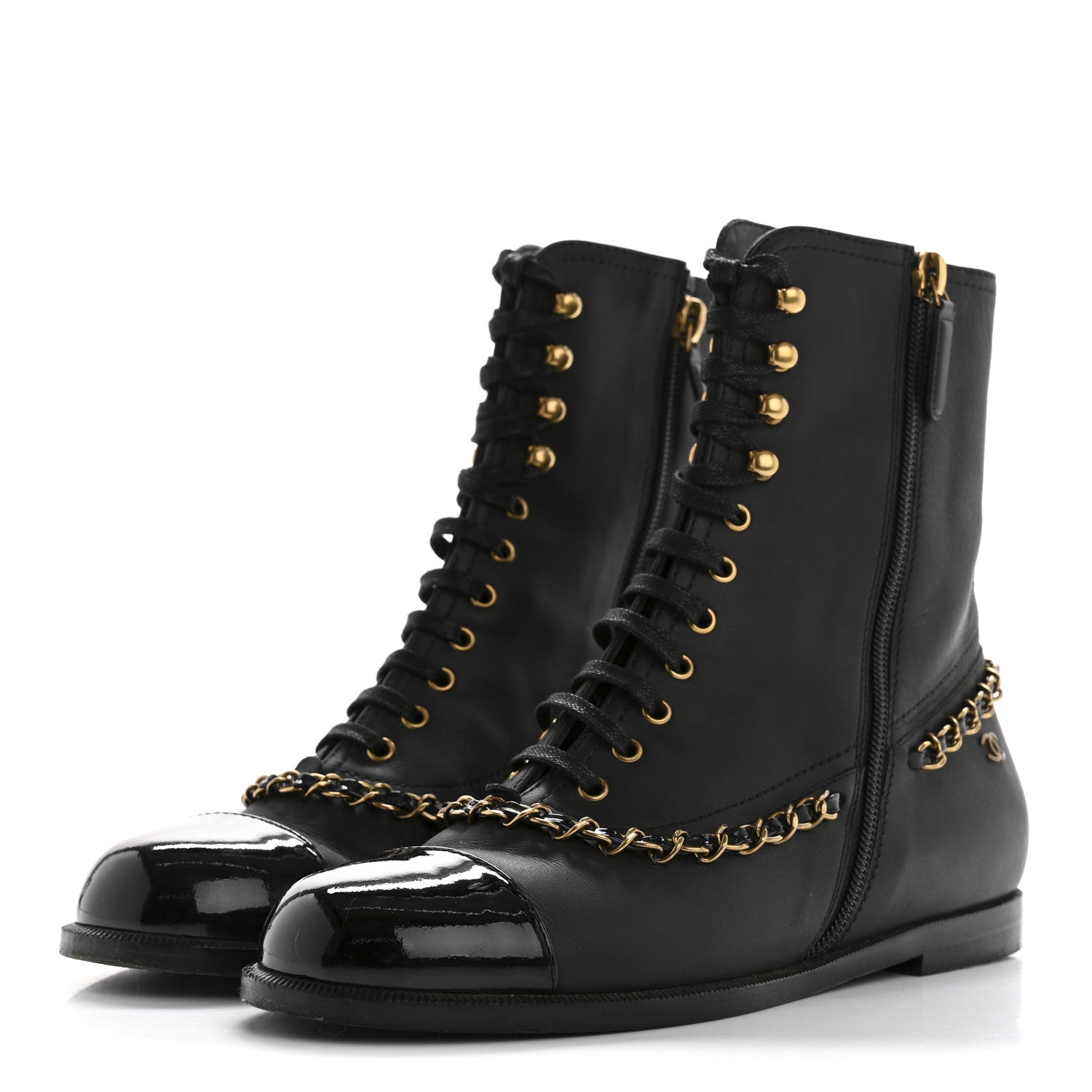 Chanel Calfskin Chain Lace Up Boots 36.5 Black 4 of 10