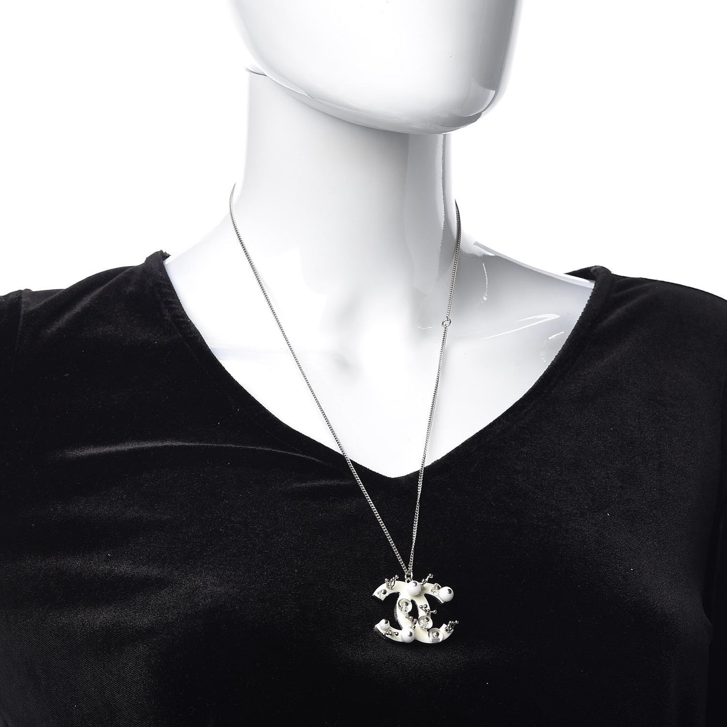Enamel Beaded CC Necklace Silver White