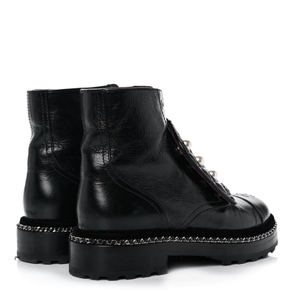 Chanel Crackled Calfskin Velvet Pearl Combat Short Boots 36 Black 4 of 8
