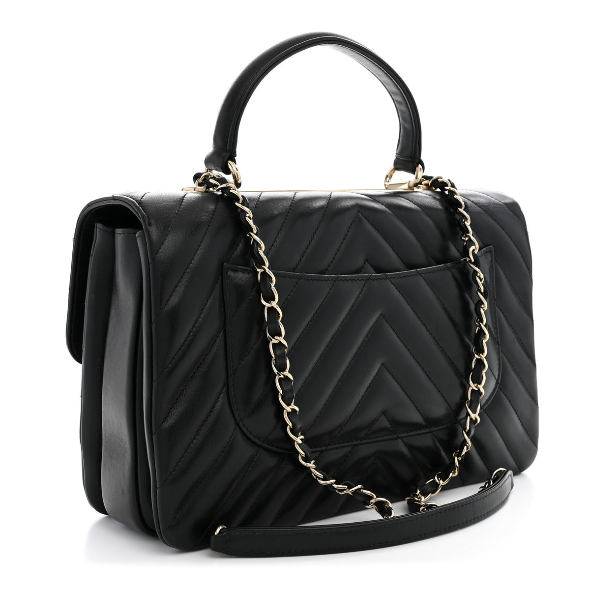 Lambskin Chevron Quilted Medium Trendy CC Dual Handle Flap Bag Black
