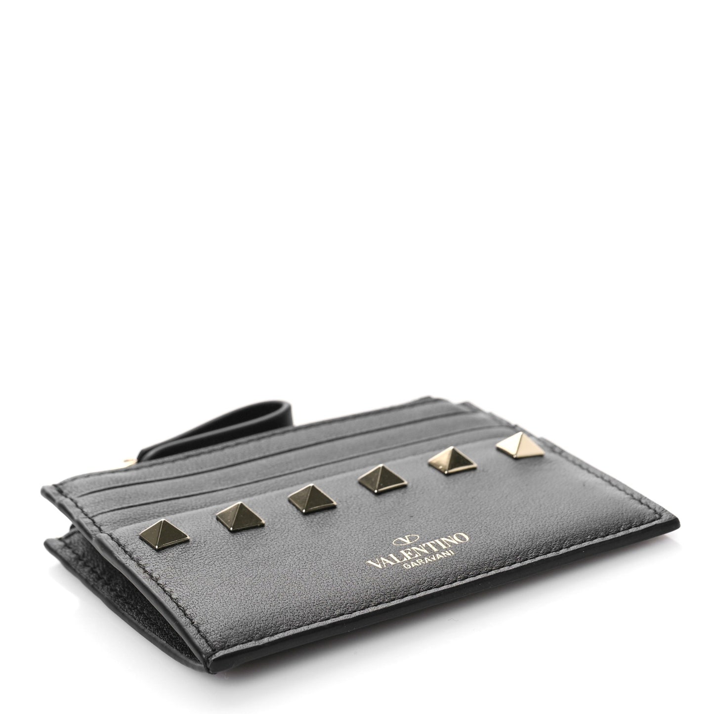 Vitello Rockstud Card Holder With Zipper Black