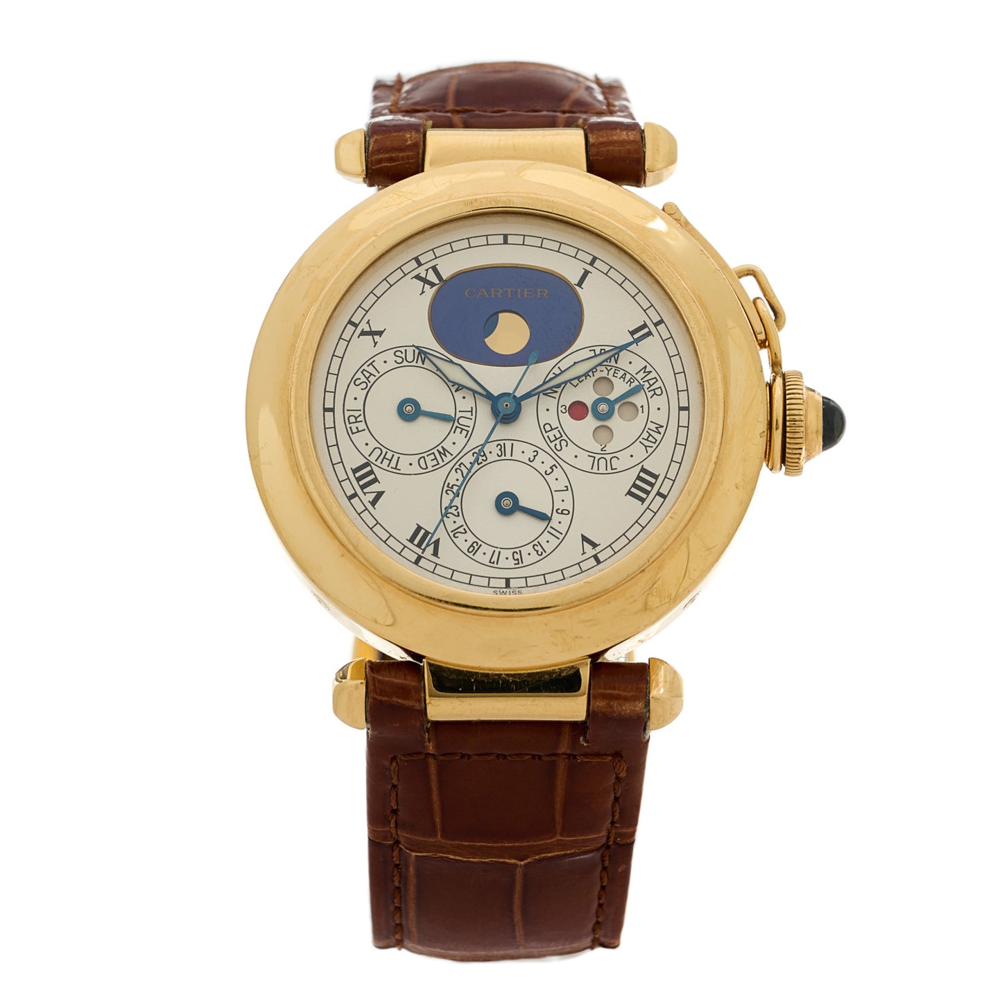 18K Yellow Gold Alligator 38mm Pasha Moonphase Perpetual Calendar Quartz Watch Brown