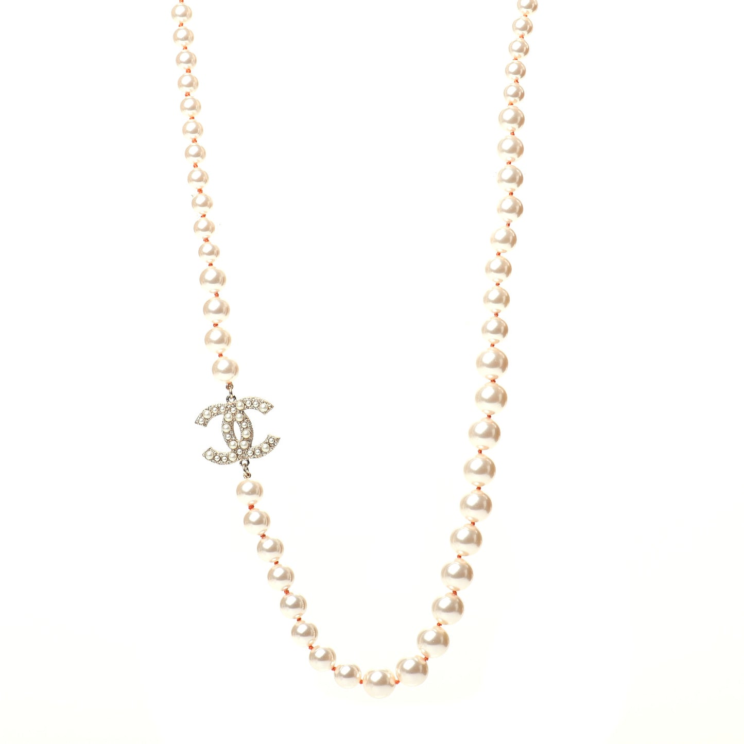 Pearl Crystal Gripoix CC Long Necklace Gold Pearly White Orange