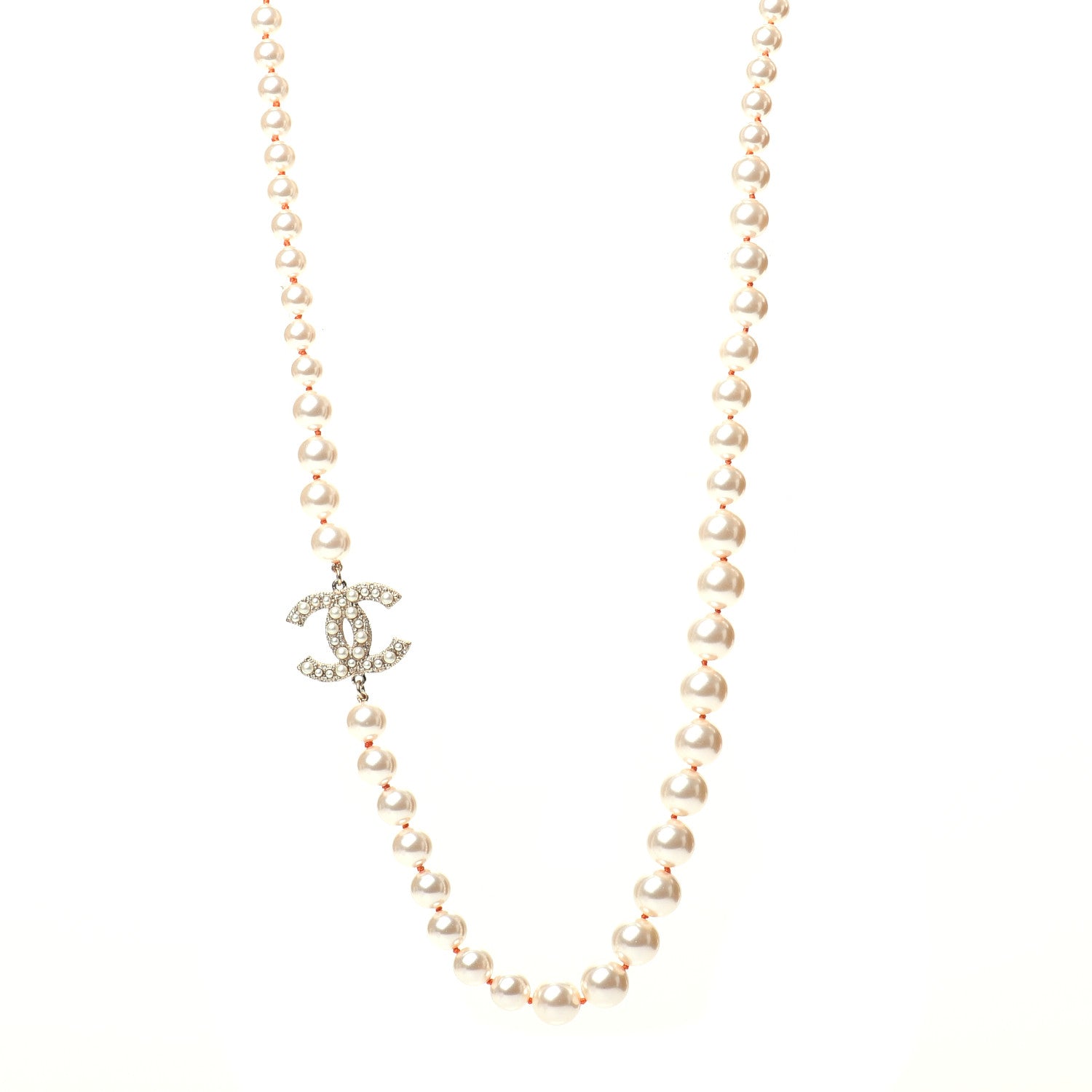 Chanel Pearl Crystal Gripoix CC Long Necklace Gold Pearly White Orange 1 of 6