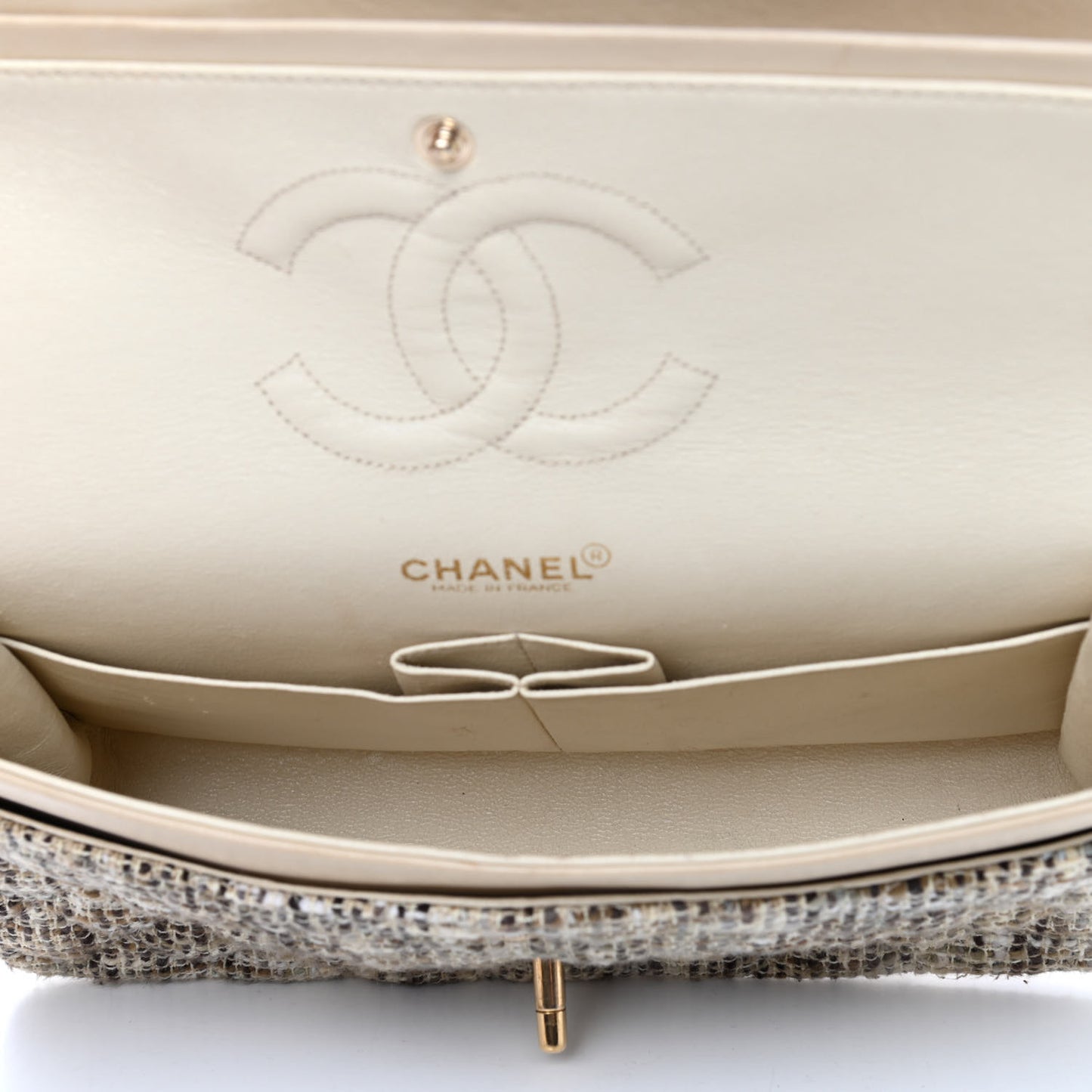 Tweed Quilted Medium Double Flap Beige Brown Multicolor