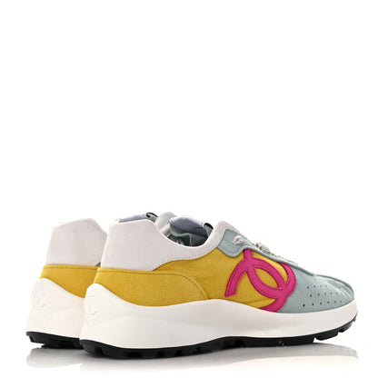 Chanel Fabric Suede Kidskin CC Sneakers 38.5 Light Turquoise Fuchsia Yellow 4 of 8
