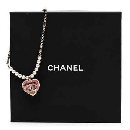 Chanel Pearl Crystal Resin CC Heart Short Necklace Pink Gold White 7 of 7