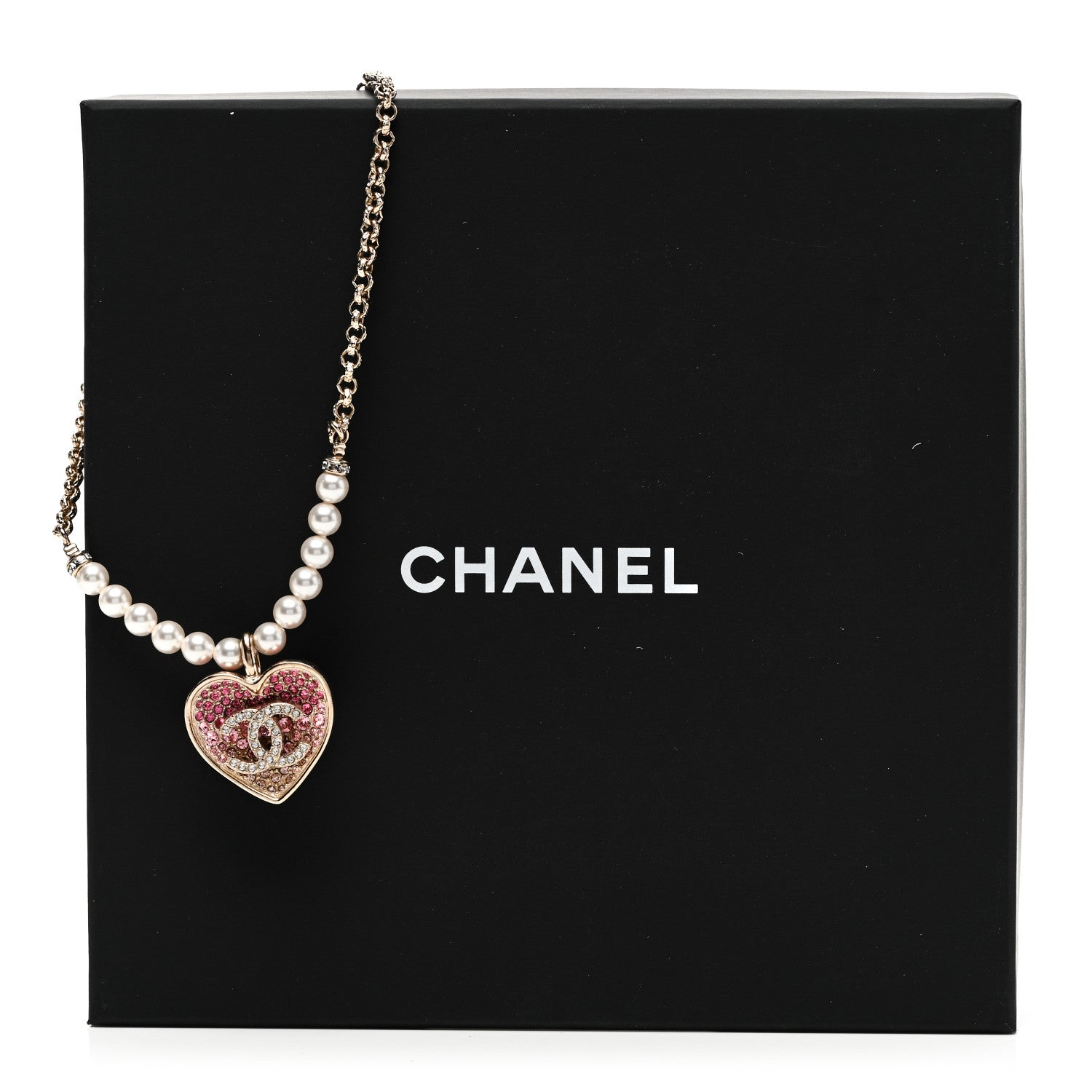 Chanel Pearl Crystal Resin CC Heart Short Necklace Pink Gold White 7 of 7