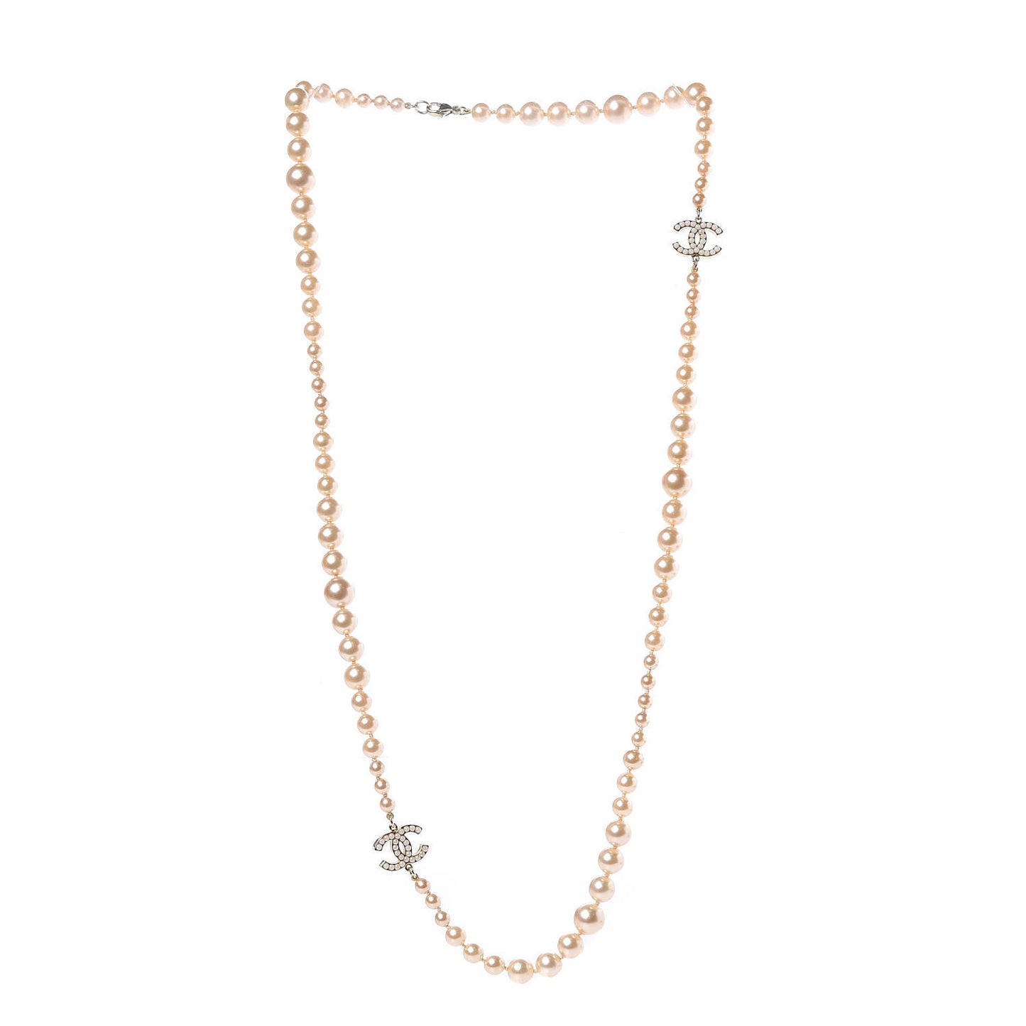 Graduated Pearl CC Long Necklace Light Gold