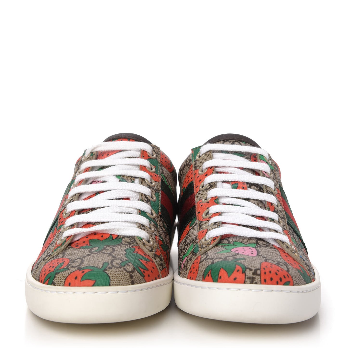 GG Supreme Monogram Strawberry Web Womens Ace Sneakers 37 Beige Multicolor Red Green