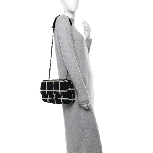 Shearling Lambskin Large Fluffy Tartan Single Flap Black White