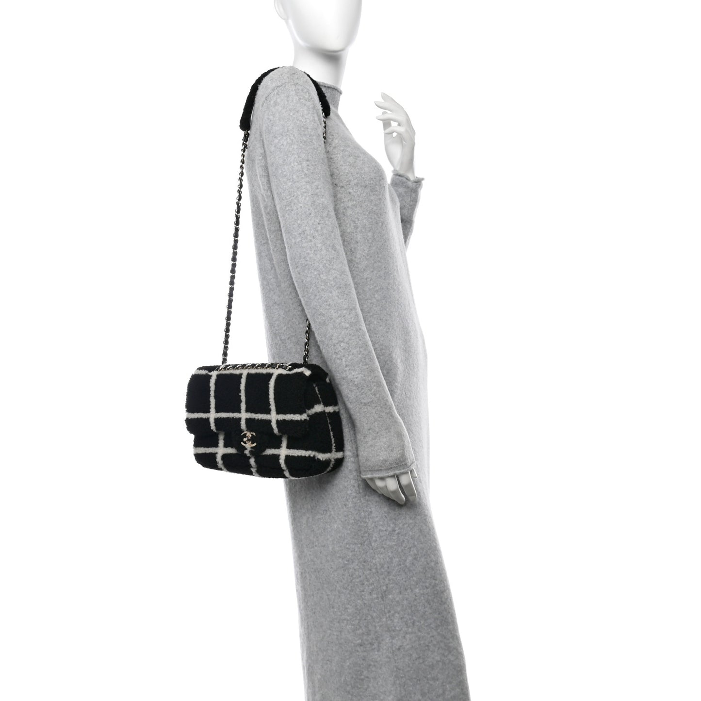 Shearling Lambskin Large Fluffy Tartan Single Flap Black White